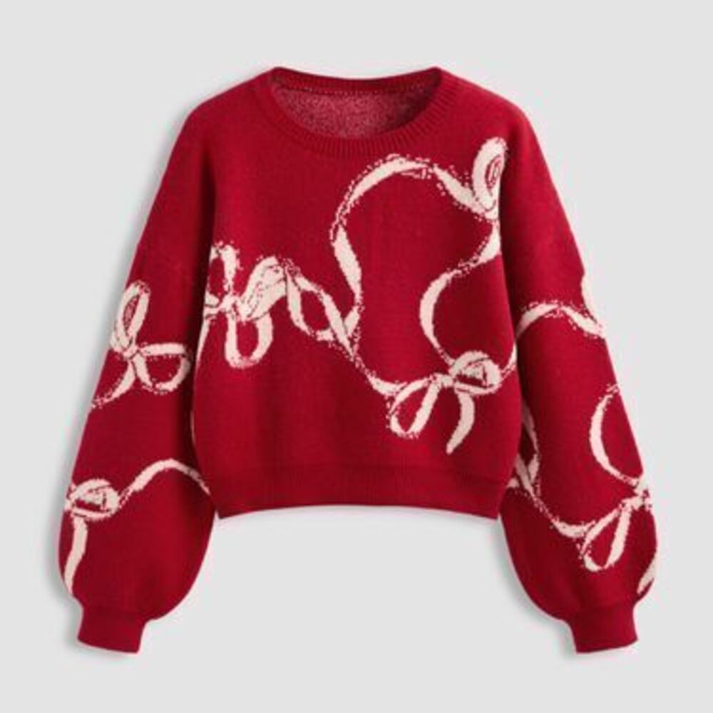 Knitted Bowknot Graphic Oversized Sweater